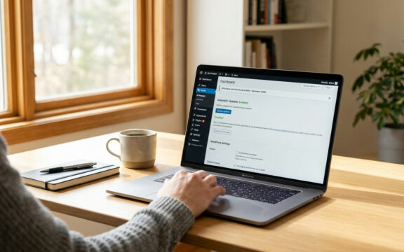 WordPress Dashboard zeigt automatische Update-Konfiguration mit aktivierten Plugins und Monitoring