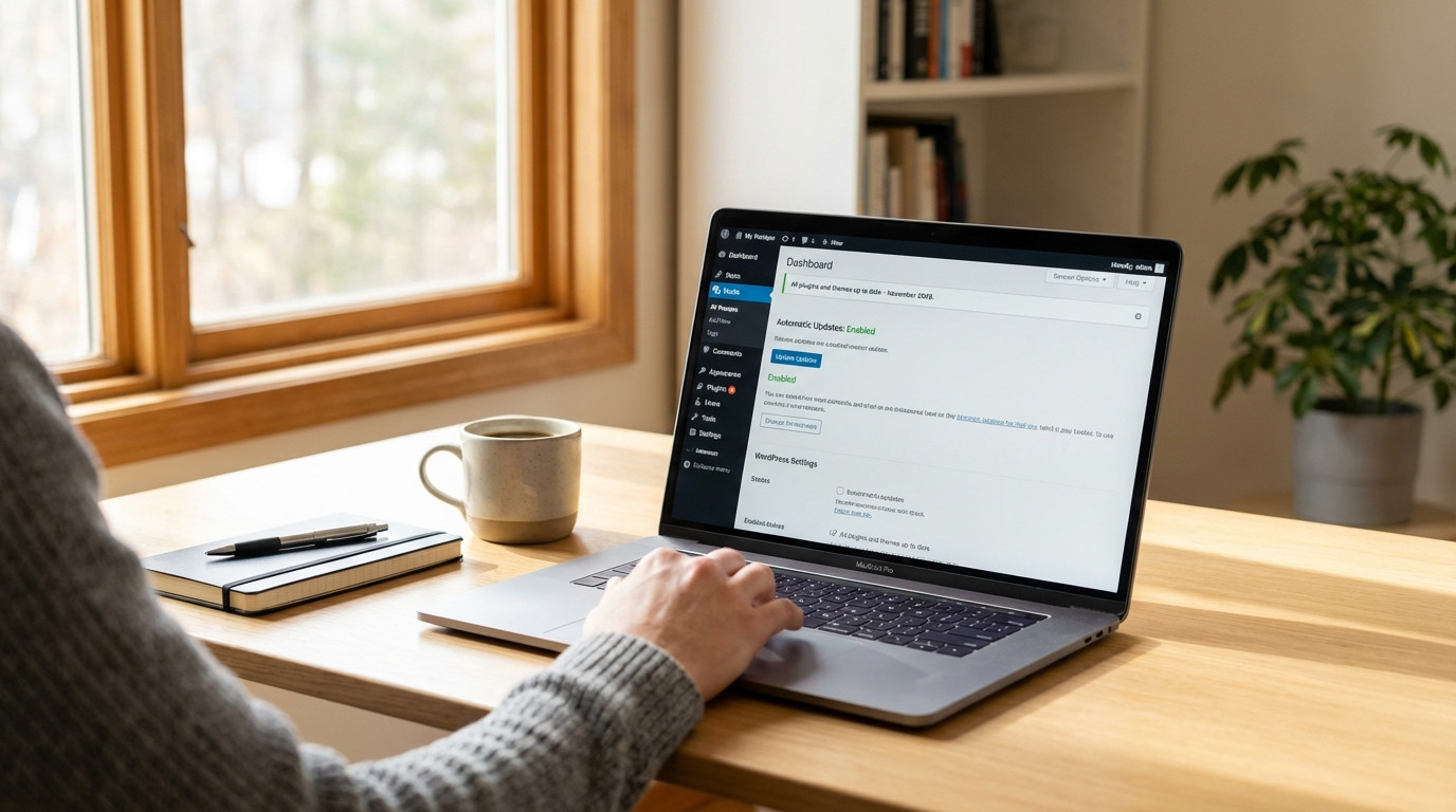 WordPress Dashboard zeigt automatische Update-Konfiguration mit aktivierten Plugins und Monitoring